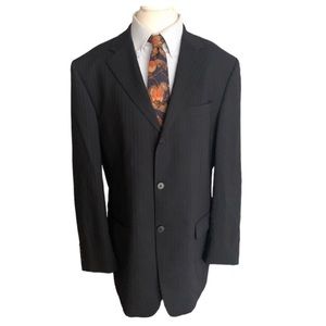 Oscar De La Renta Men's 44L Navy Skinny Stripe Wool Blend Blazer Button Front